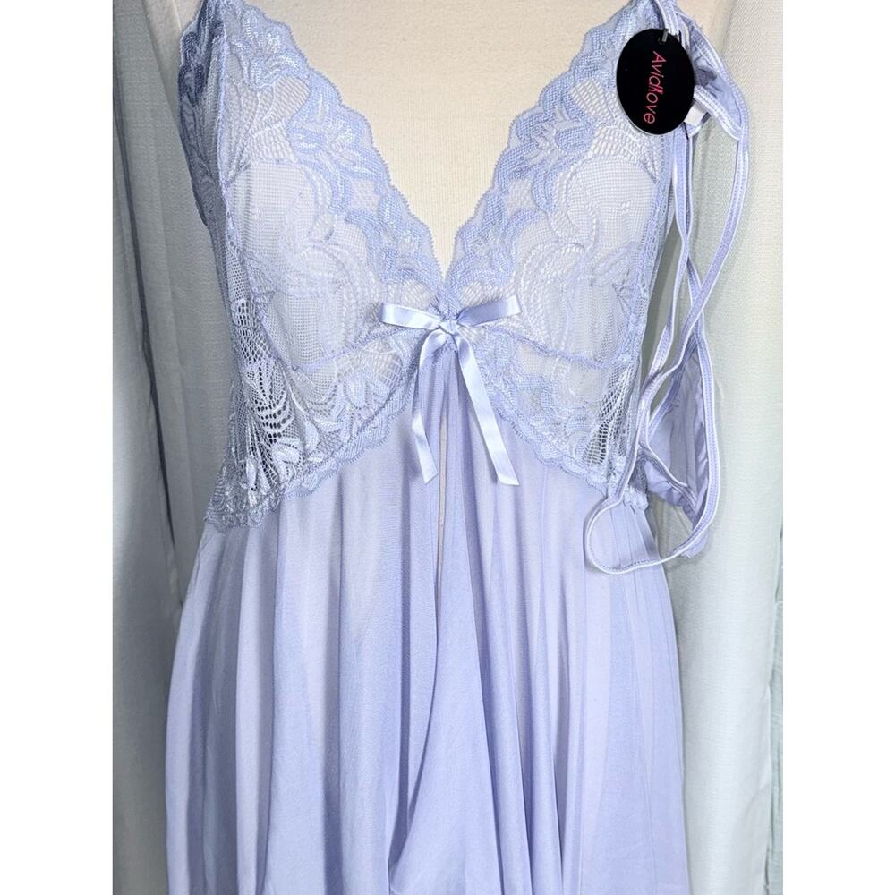 Lace-Trim Light Lavender Night Chemise with Bow Accent - Picture 2 of 13